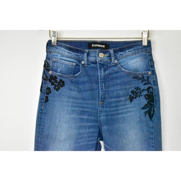 Express Ankle Legging Super High Rise Raw Hem Jeans 4 Stretch Denim Embroidered - Picture 3 of 15
